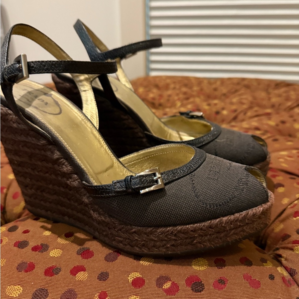 Prada Black and Brown Wedge Sandals